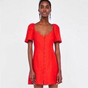 NWOT Zara red linen dress with puff sleeves in L